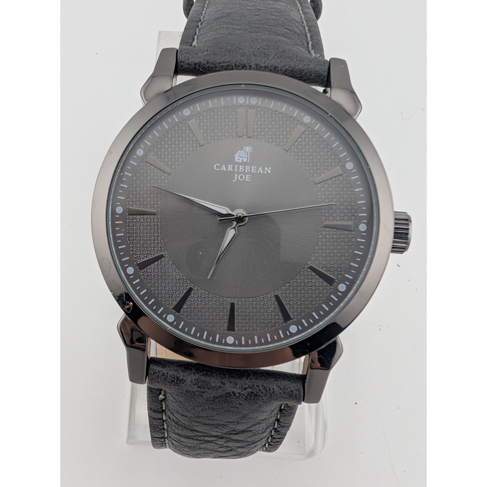 Caribbean Joe Watch Men 42mm Black Case Gray Faux Leather Band- New Battery